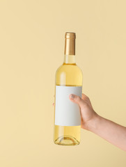 Hand holding bottle of wine with blank label on color background. Mockup for design