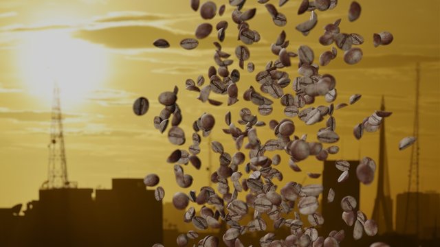 Falling coffee bean seeds are falling to a package with blur of building silhouette of Bangkok city in an evening (3D Rendering)