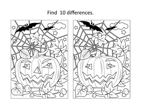 Find 10 differences visual puzzle and coloring page with Halloween pumpkin, bats, spiderweb
