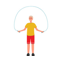 Aged elderly man performing sport activity flat vector illustration isolated.