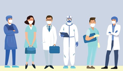 Coronavirus 2019-nCoV. Set of doctors characters in white medical face mask. Stop Coronavirus concept. Medical team doctor nurse therapist surgeon professional hospital workers, group of medics.
