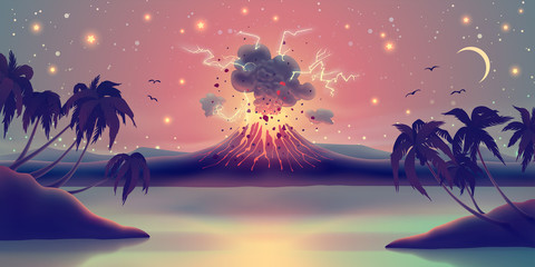 Landscape with eruption from volcano crater, glowing lava, sea, palm trees silhouette against starry evening sky. Digital vector illustration.