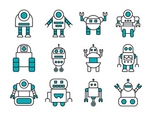 icon set of robots and robotics, half line half color style