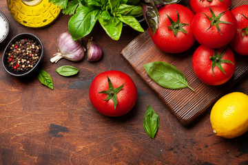 Italian cuisine ingredients. Tomatoes, herbs and spices