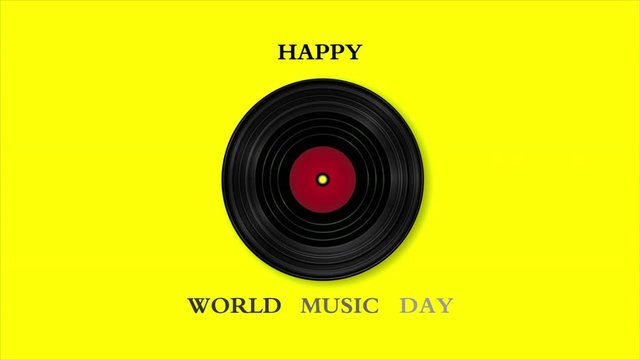 Happy world music day and vinyl record, art video illustration.