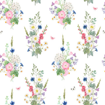 Beautiful vector seamless floral pattern with watercolor summer flowers. Stock illustration.