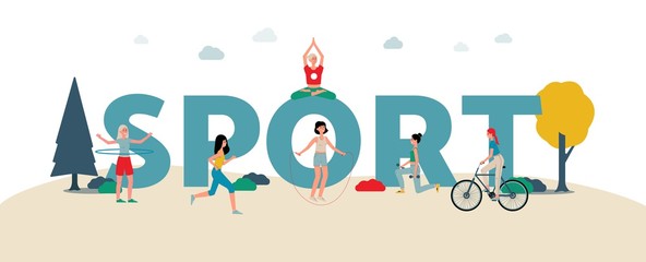 Womens sport activity banner with characters flat vector illustration isolated.