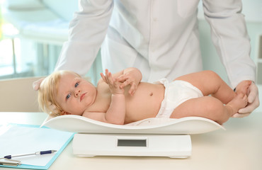 Obraz na płótnie Canvas Pediatrician weighting baby on scale in hospital. Healthy growth
