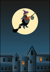 A happy Halloween witch flying on her broom in the moonlight over a city silhouette. 