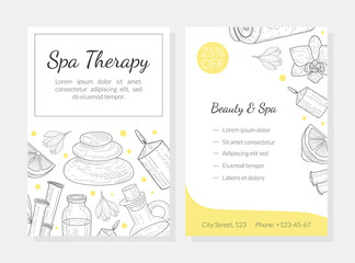 Spa Therapy Business Card Template, Beauty, Relax and Natural Medicine Hand Drawn Vector Illustration