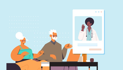 doctor in web browser window consulting senior patients online consultation healthcare service medicine medical advice concept horizontal portrait vector illustration