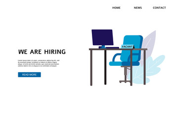 Hiring and recruiting banner with vacant workplace, flat vector illustration.
