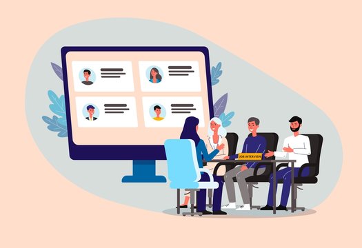 People at HR interview - cartoon woman sitting before panel applying for job