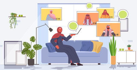 arab woman having virtual meeting with family members during video call online communication concept living room interior full length horizontal vector illustration