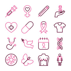 icon set of breast cancer and syringe, half line half color style