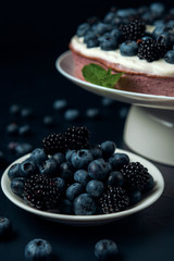 Plate with blackberry and blueberry, cottage cheese casserole on dark textured background.