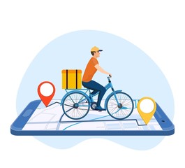 Online delivery service concept, online order tracking, delivery home and office. bicycle courier. Isometric concept, goods shipping, food online ordering. Vector illustration in flat style
