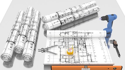 Technical drawings with measure tools. Pencil, measurement. Papers with technical drawings and...