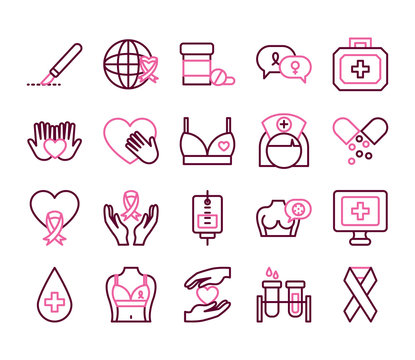 Hands And Breast Cancer Icon Set, Half Color Half Line Style