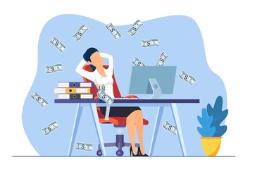 businesswoman sitting on the office desk workplace under money rain banknotes falling. Pay check, easy money and profits concept. Vector illustration in flat style