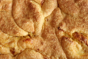 Homemade apple pie cooked in the oven. Charlotte pie. Baking background. View from above.