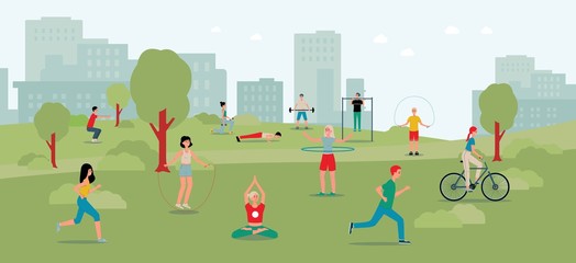Naklejka premium City park background with people doing sport workout flat vector illustration.