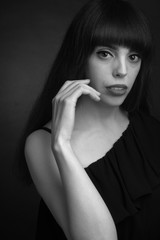 black and white portrait of brunette with long hair