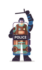 policeman in full tactical gear holding shield and baton riot police officer protesters and demonstrations control concept full length vertical vector illustration