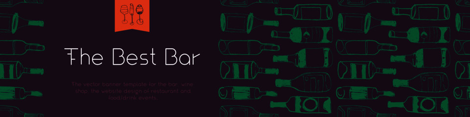 The Best Bar vector banner. Bottles pattern for alcohol bar. Vivid banner Wine tourism — Winery Tour concept. Template of wines store. Sign pub, bar room poster, drinking house flyer, cocktail lounge.