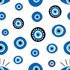 Turkish blue eye-shaped amulets, nazar talismans vector seamless pattern background.
