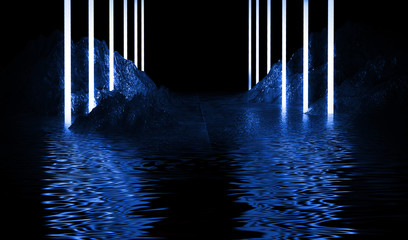 Futuristic abstraction of blue and pink neon light on black background, light reflection on water with empty space for text. Empty neon stage, light figures. 3D illustration.