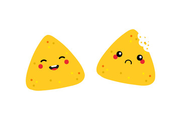 Couple of cute cartoon nachos, tortilla chips characters happy and sad, whole and with teeth bite mark.
