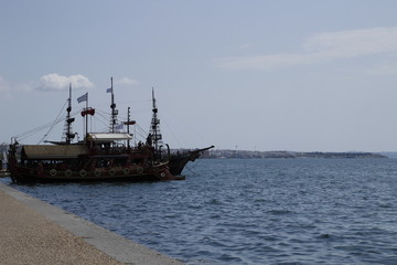 Small ferry on the port of Thessaloniki in Northern Greece