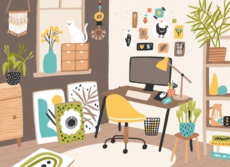 Colorful room interior of artistic person vector flat illustration. Apartment with creative workplace, computer, pictures, houseplant and cat. Workspace or domestic studio with cosiness elements
