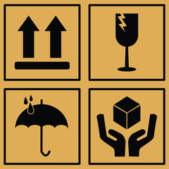 Fragile or Package Label stickers set. (Fragile, Handle with Care, This Way Up, Keep Dry). black in color with brown background. Square format. EPS 10 vectors.
