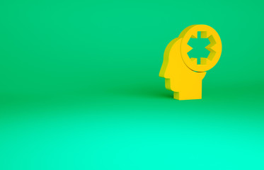 Orange Male head with hospital icon isolated on green background. Head with mental health, healthcare and medical sign. Minimalism concept. 3d illustration 3D render.