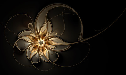 Gold fractal flower on black background - obrazy, fototapety, plakaty
