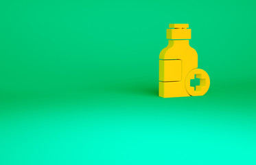 Naklejka premium Orange Bottle of medicine syrup icon isolated on green background. Minimalism concept. 3d illustration 3D render.
