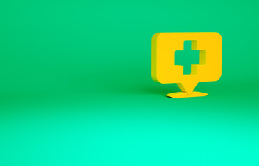 Obraz premium Orange Medical map pointer with cross hospital icon isolated on green background. Minimalism concept. 3d illustration 3D render.