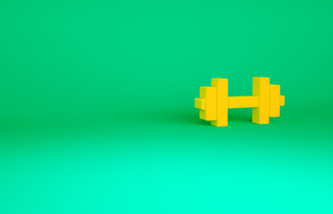 Orange Dumbbell icon isolated on green background. Muscle lifting icon, fitness barbell, gym, sports equipment, exercise bumbbell. Minimalism concept. 3d illustration 3D render.
