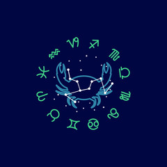 Zodiac sign Cancer. Zodiac Cancer logo illustration with connected star line.