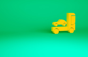 Orange Car transporter truck for transportation of car icon isolated on green background. Minimalism concept. 3d illustration 3D render.