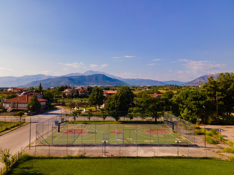 Aerial overhead drone photo of a basketball court in Choristi, Drama, Greece