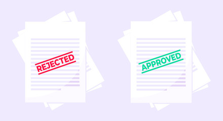 Rejected and approved claim or credit loan form, paper sheets and stamps flat style design vector illustration. Verify or deny document, cv resume, insurance application form set.