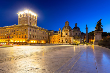 Architecture of Piazza Venezia in Rome at night, Italy
