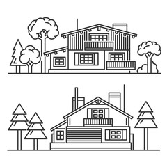 Chalet with Trees Icons Set on White Background. Vector