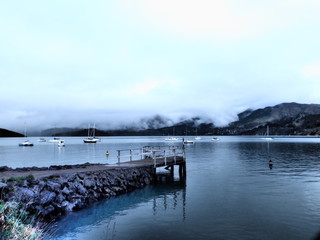 pier at the mountains.