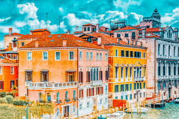 Views of the most beautiful canal of Venice - Grand Canal water streets, boats, gondolas, mansions along. Italy.