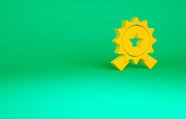 Orange Medal with star icon isolated on green background. Winner achievement sign. Award medal. Minimalism concept. 3d illustration 3D render.