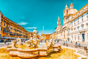 ROME, ITALY - MAY 09, 2017 : Piazza Navona  is a square in Rome, Italy. It is built on the site of the Stadium of Domitian, built in 1st century AD. Fountain of the Moor(Fontana del Moro).Italy.